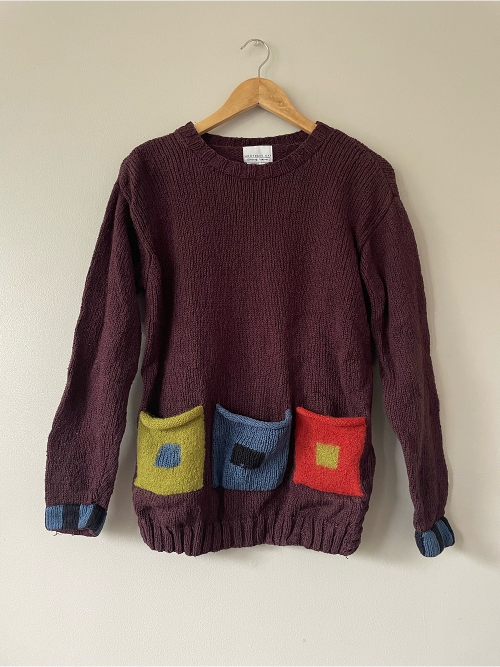 Vintage Monterey Bay eggplant purple cotton sweater with wool pockets